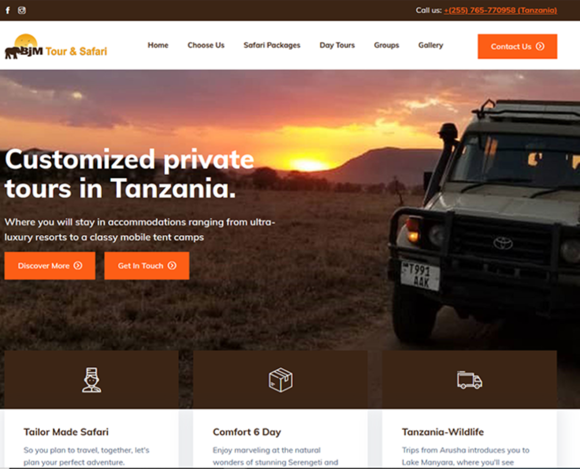 BJM tourism and safaris webpage